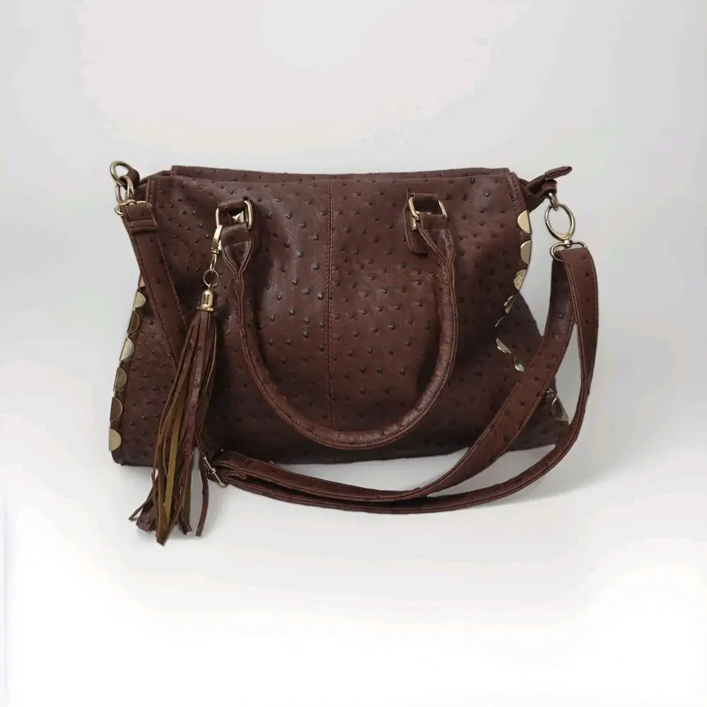 Imoshion Brown Ostrich Embossed Satchel Crossbody Large Bag Tassel Studded Purse